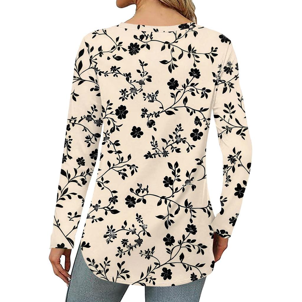 Women's Loose Round Neck Print Long Sleeve T-Shirt Top Pullover