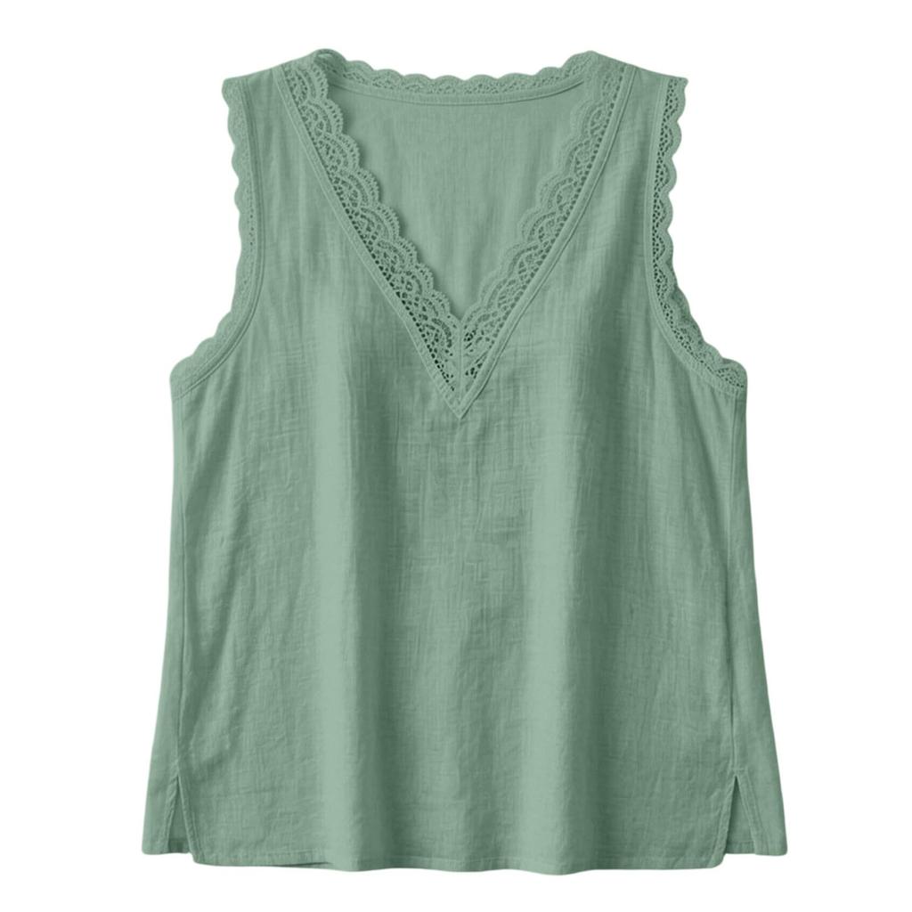 Women Sleeveless Linen Cotton Tank Top V Neck Lace Trim Casual Loose Fit Vest Blouse for Daily Wear Summer Outfits