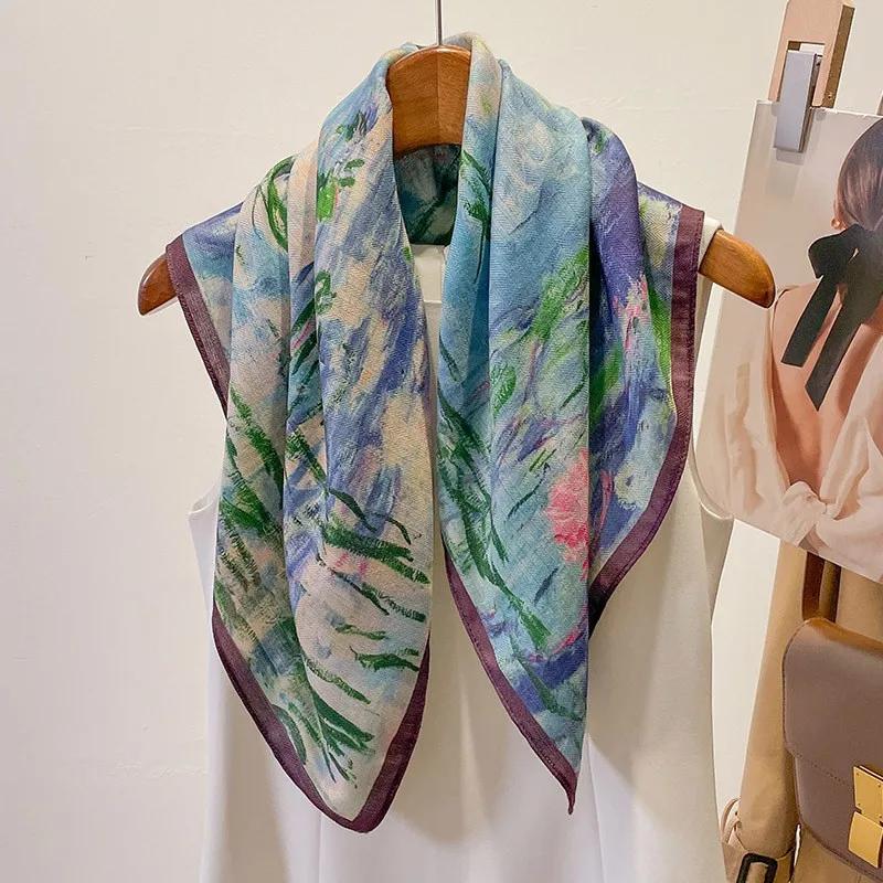 130cm Silk Square Scarf Women Large Shawls Matching Flowers Design Square Bandana Luxury Kerchief Scarf Female Foulards