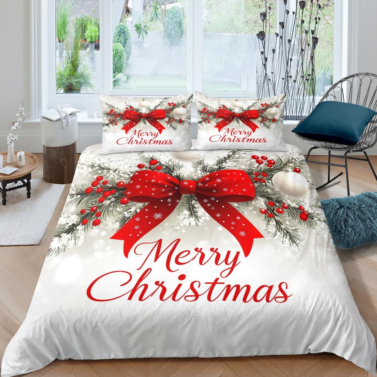 

Duvet Cover Queen Red White Christmas Comforter Cover Farmhouse Holiday Decor Duvet Cover Set 3 Pieces 90X200cm 2PCS
