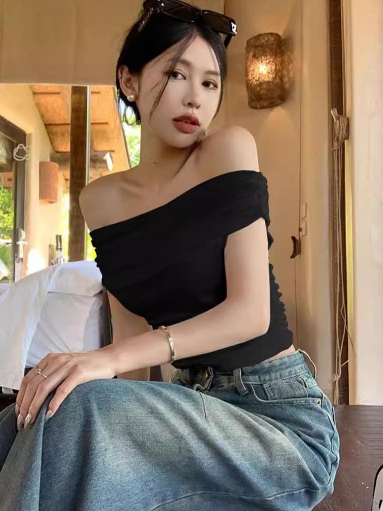 Summer Women Short Sleeve T Shirts Solid T-shirt Off-shoulder High Waist Crop Top Tee Female Casual T Shirt