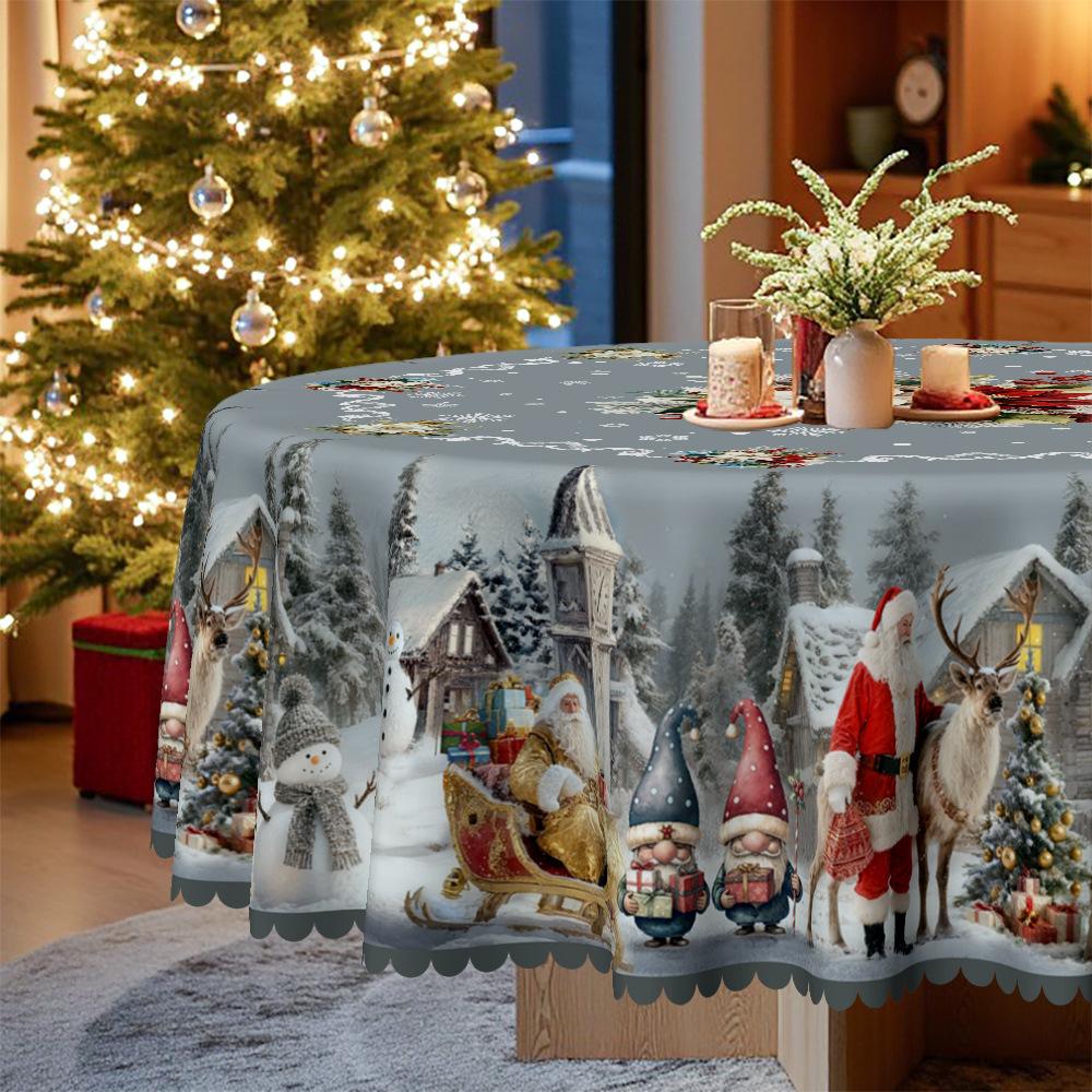 Christmas Round And Square Table Cloth, Gray-Blue Santa Reindeer Snow Castle, Table Decorative Cloth