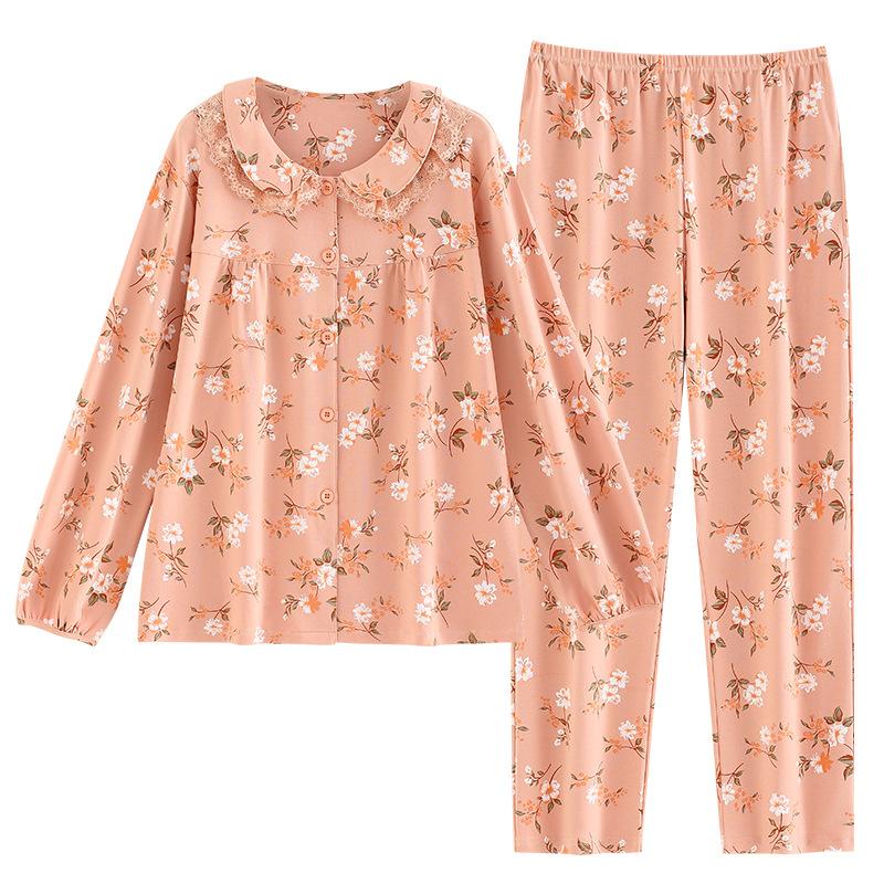 Pajamas Women'S Pure Cotton Long-Sleeved Cotton Crew Neck Cardigan Loungewear Set