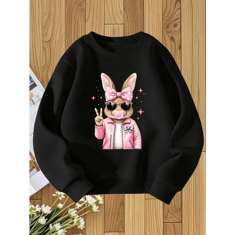 European sizes Pink Bunny with Glasses Print Kids Crewneck Sweatshirt, Sweet and Cute Style, Perfect Gift for Kids 110