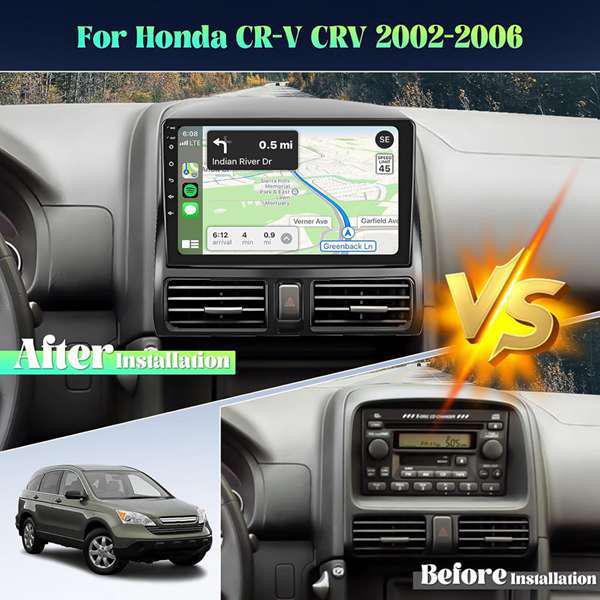 Compatible with 01-06 Honda CR-V: Android Big Screen Navigation, Bluetooth, Reverse Camera, CarPlay.