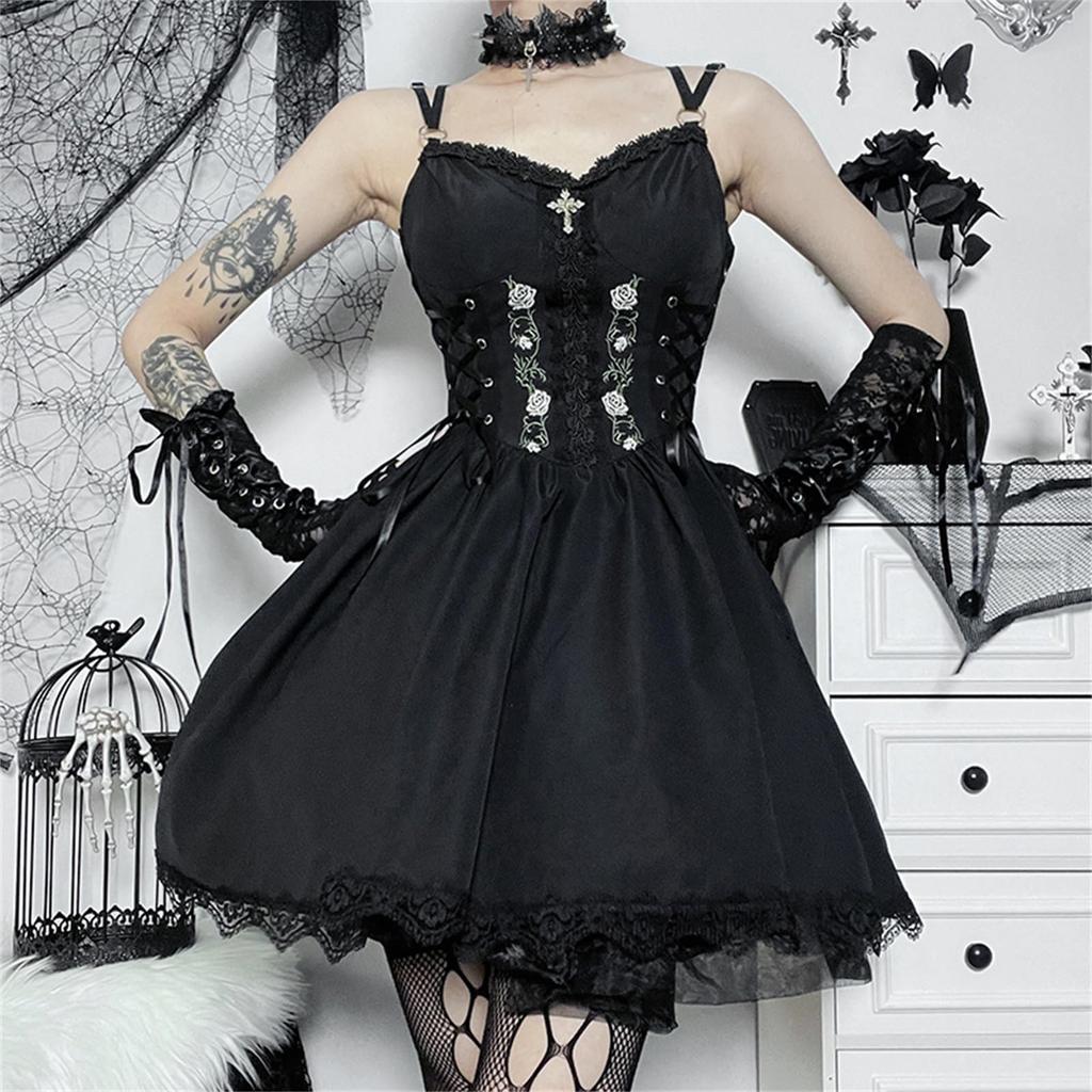 QOOLY Cosplay Idol Gothic Schwarz Mini Sexy Gothic Lolita Niedlich Lolita Lolita Prinzessin Punk Party Live-Performance Größe S Einteiler Kostüm, Kleid,