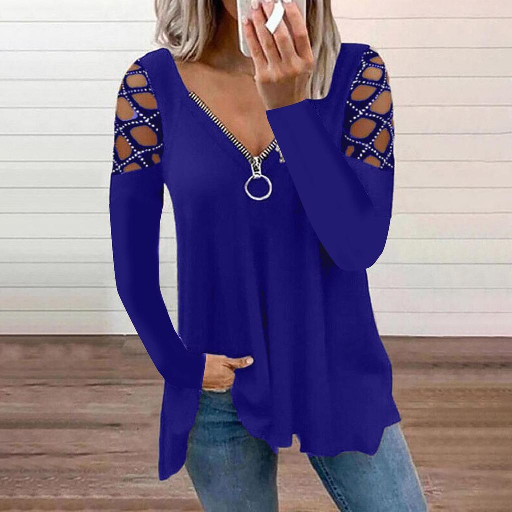 2026 V-Neck Solid Color Hollow Sleeve Drilled Casual Women's Top