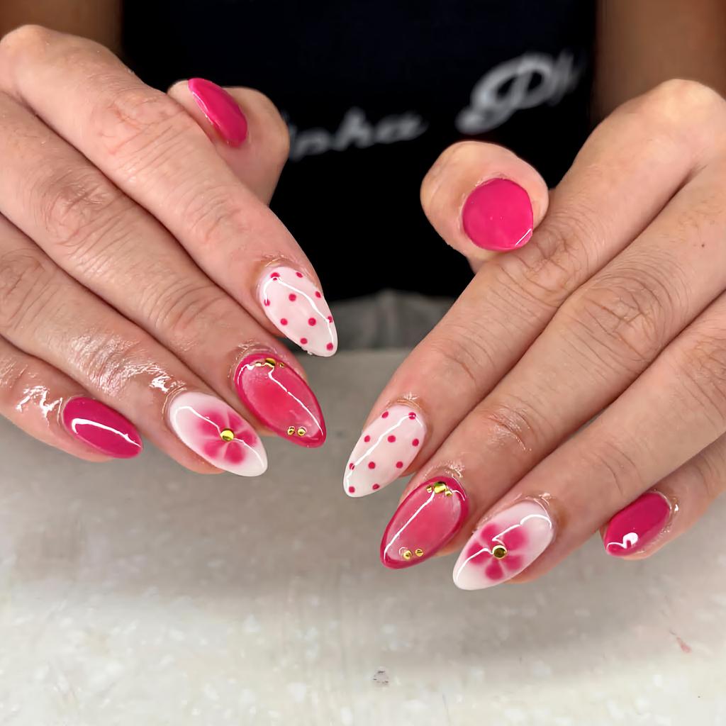 24 Pcs White French Tip Polka Dot Pink Almond False Nails Simple Sweet Acrylic Wearable Manicure Press On Nails For Women