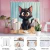 1 X Playful Black Cat Shower Curtain With Toilet Paper Roll - Fun Cartoon Design, Light Blue Bathroom Decor, Polyester Fabric