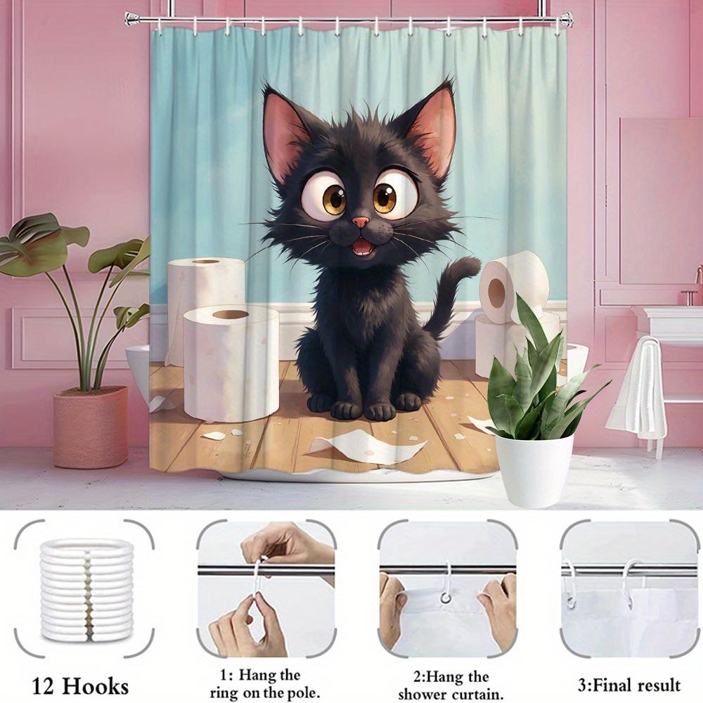 1 X Playful Black Cat Shower Curtain With Toilet Paper Roll - Fun Cartoon Design, Light Blue Bathroom Decor, Polyester Fabric