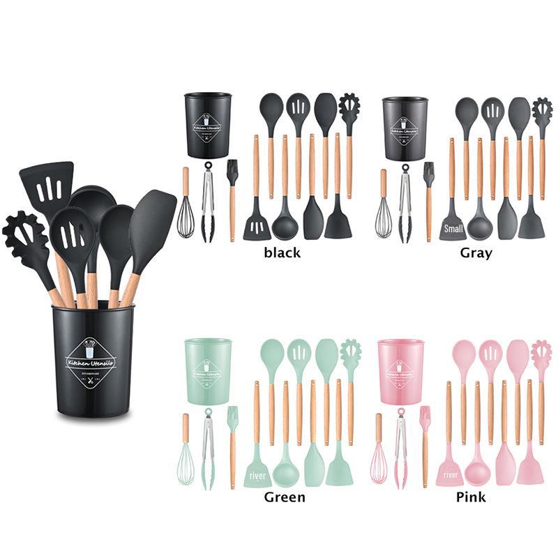 12-Piece Silicone Kitchenware Set with Wooden Handles: Non-Stick Cooking Spatulas and Tools