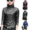 Women's Fashion Sexy Long Sleeve T-shirts PU Leather Turtleneck Velvet Tops