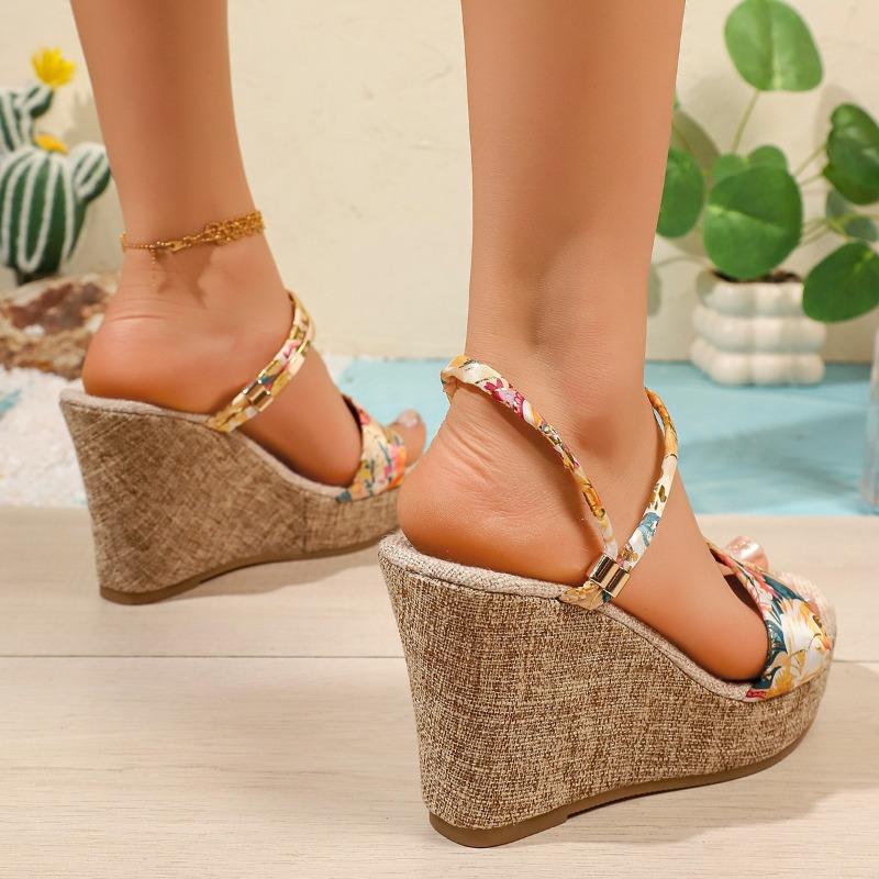 Summer Large-Size Wedge Slippers – New Platform Thick Sole Peep-Toe 2-Way Printed Slide Sandals for Women