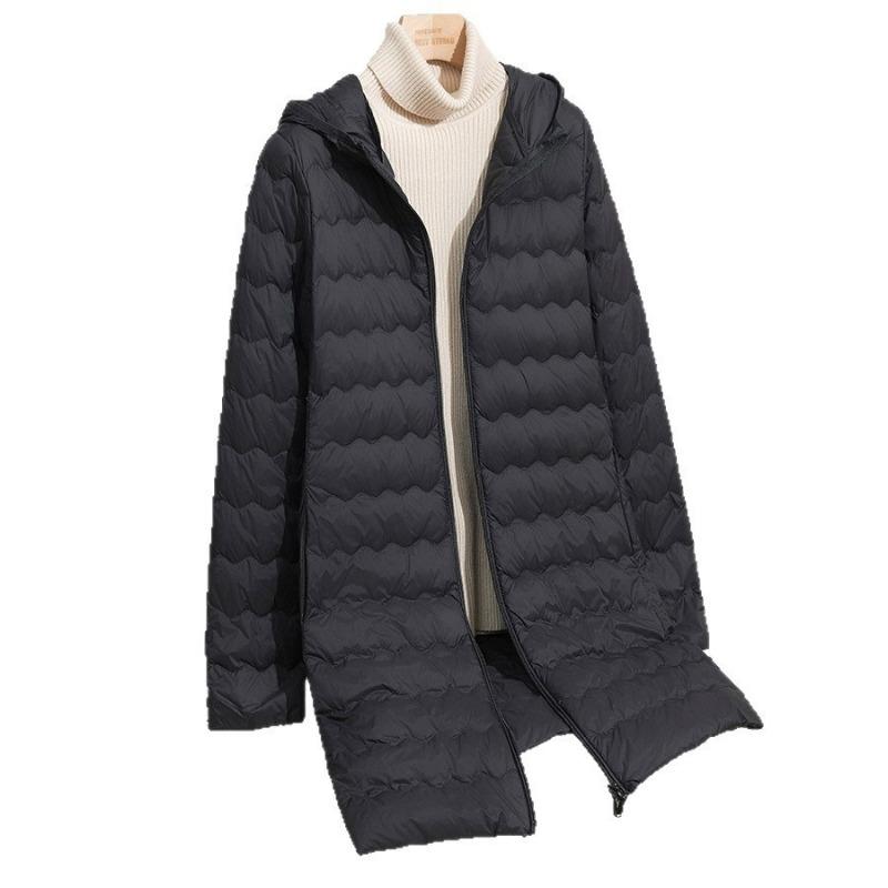 Autumn and Winter New Fashion Hooded Wavy Medium and Long Light Down Jacket Women's Zipper Jacket Warm Tide
