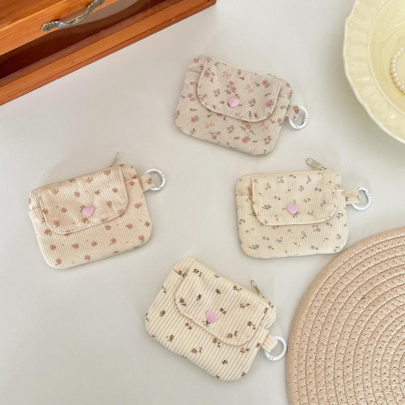 Cute Corduroy Coin Purse Fashion Floral Print Heart Snap Button Mini Wallet for Student School Carry Change Jewelry Storage