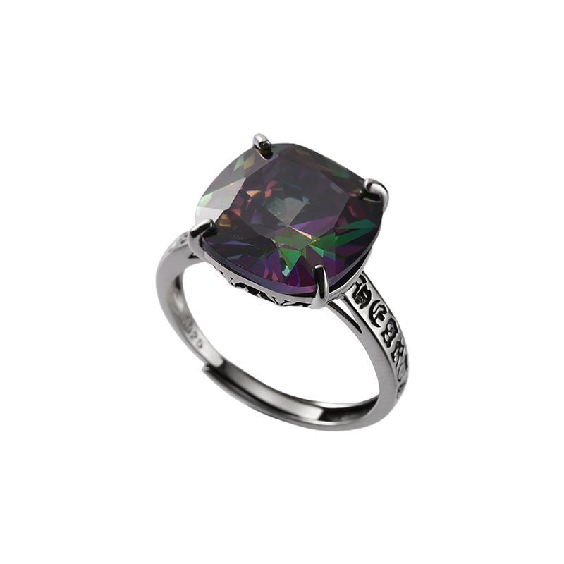 Versatile Korean S925 Silver Ring With Adjustable Design And Stunning Purple Stones Green