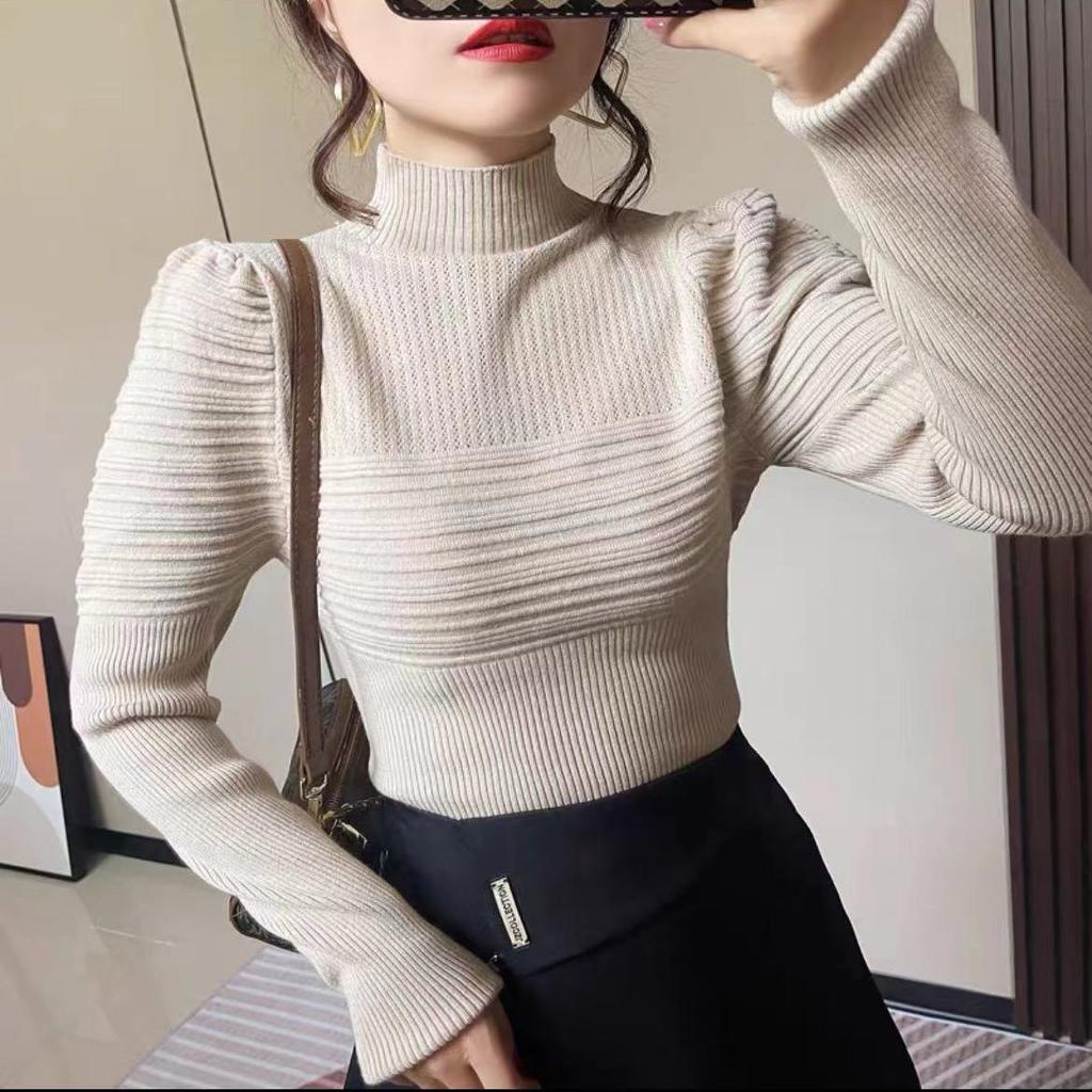 Top Half Turtleneck Skinny New Season Bubble Sleeve Women's Sweater Foreign Style