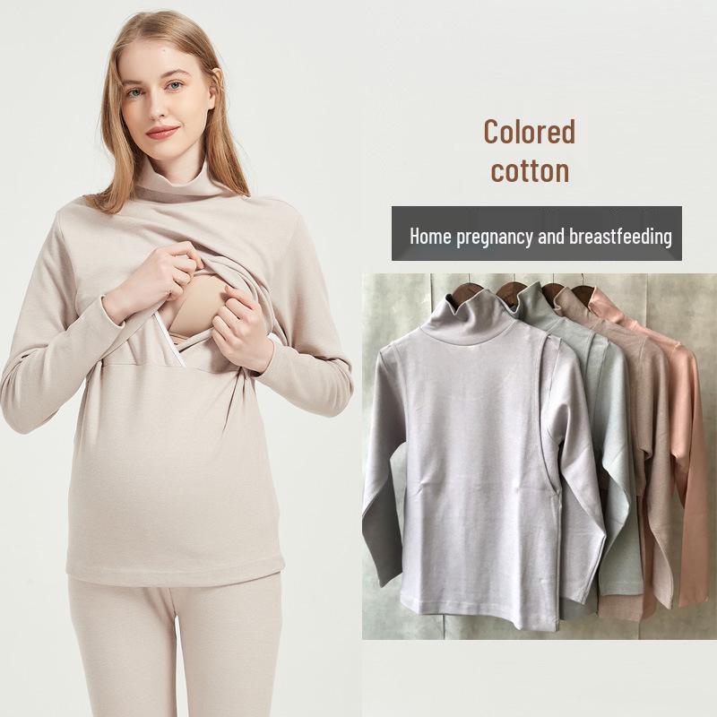 Soft Cotton High Neck Maternity Nursing Top with Horizontal Opening for Breastfeeding, Thickened for Warmth - Autumn/Winter.