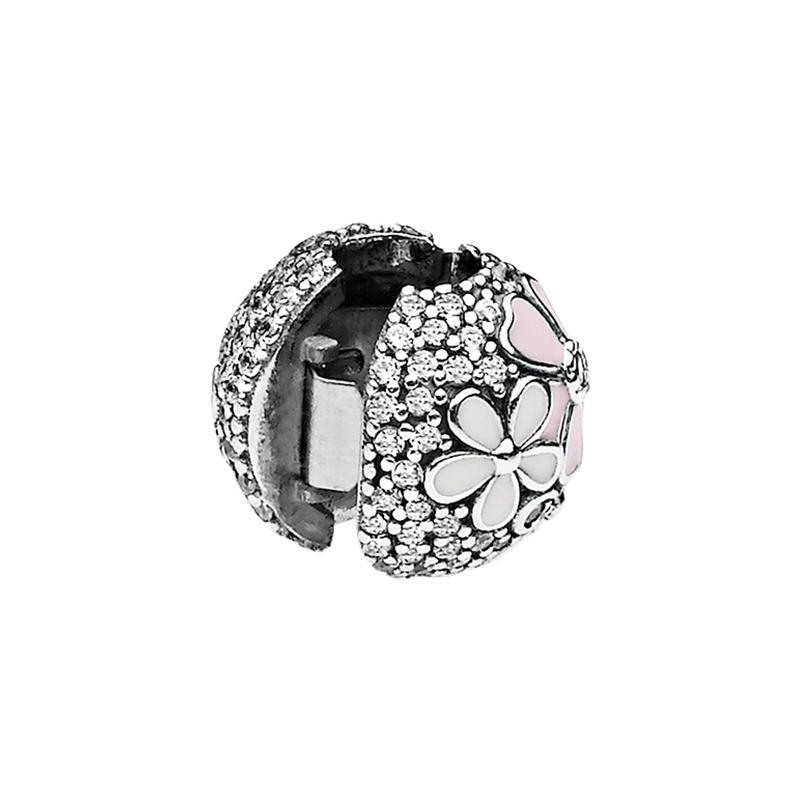 Pandora Poetry Flower Blooming Enamel Charm 925 Silver Necklace Women's Pink 792084CZ