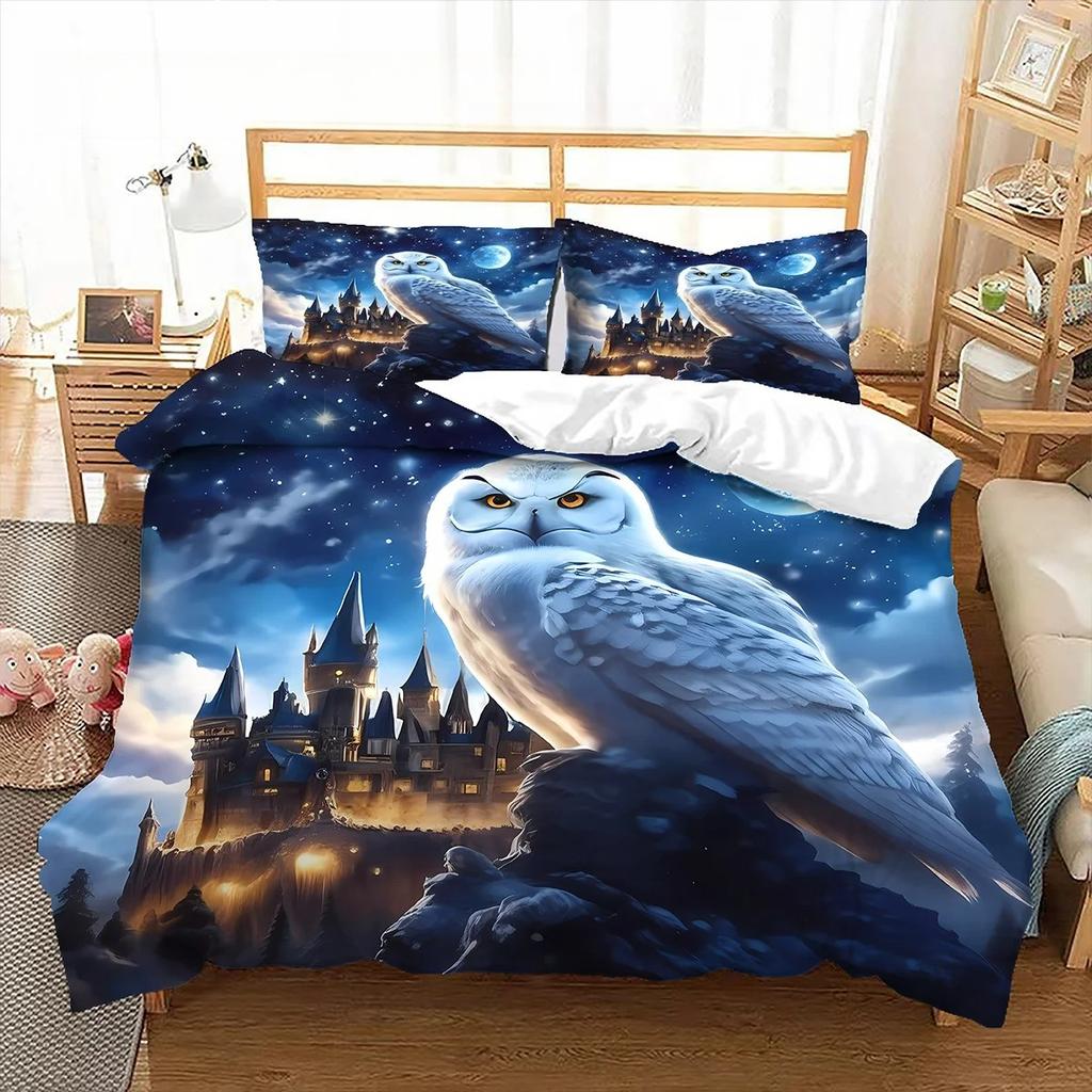 1 Set Anime-Themed Magic Academy Castle & Owl Design Bedding, 3D Digital Print, All-Season Polyester Quilt Cover 1/2 Pillowcases