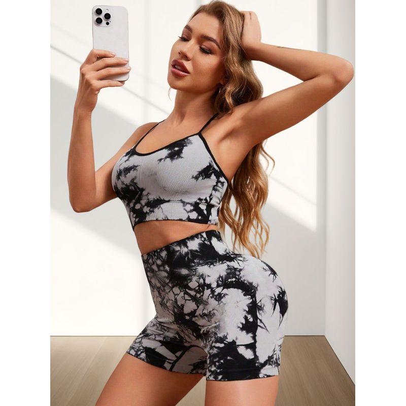 Seamless Tie-Dye Sports Suit Women's High Waist Hip Lift Stretch Workout Pants Double-Shoulder Strap Beauty Back Yoga Bra Shorts