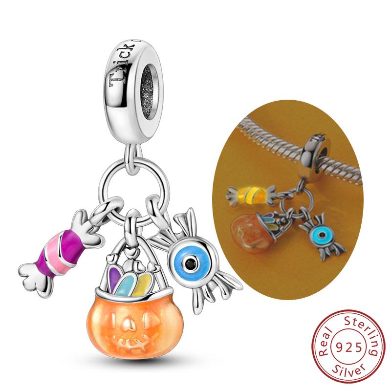 Halloween Charm Bead Pendant Copper Pumpkin Witch Doll Skeleton Mummy Candy Charm Fit Original Bracelet Diy Jewelry