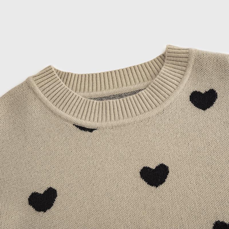 Girls' Heart Design Round Neck Long Sleeve Sweater - Korean Style Spring/Autumn Knitwear