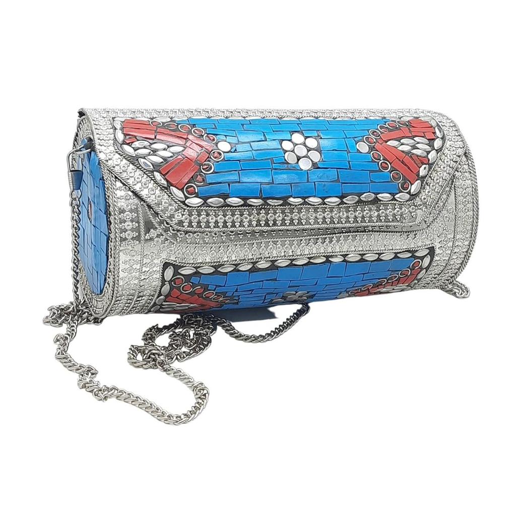 Eye Catching Handmade Cylinder Round Ethnic Stone Metal bag Antique Bridal clutch