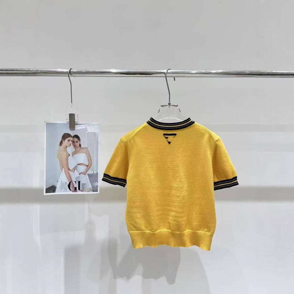 European Style Color Block Round Neck Knit Top - Summer 2026 Collection, Short Sleeve, Versatile, Age-Reducing Casual Wear