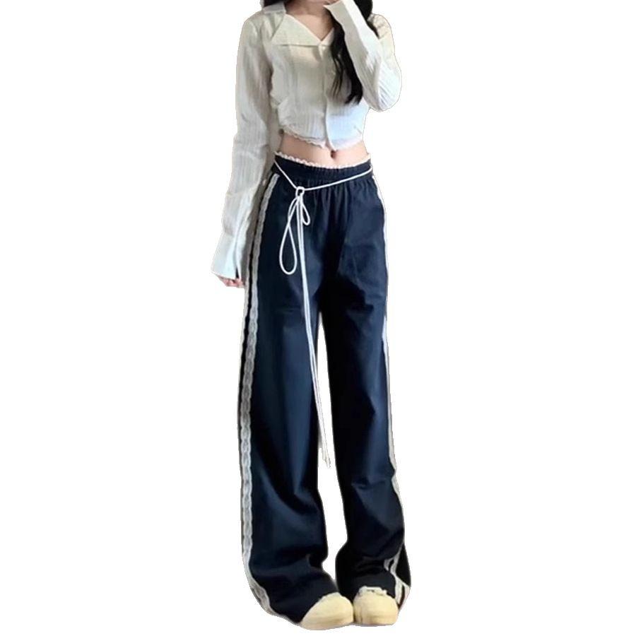 2025 Women's High Waist Lace Trim Wide Leg Casual Pants - Early Autumn