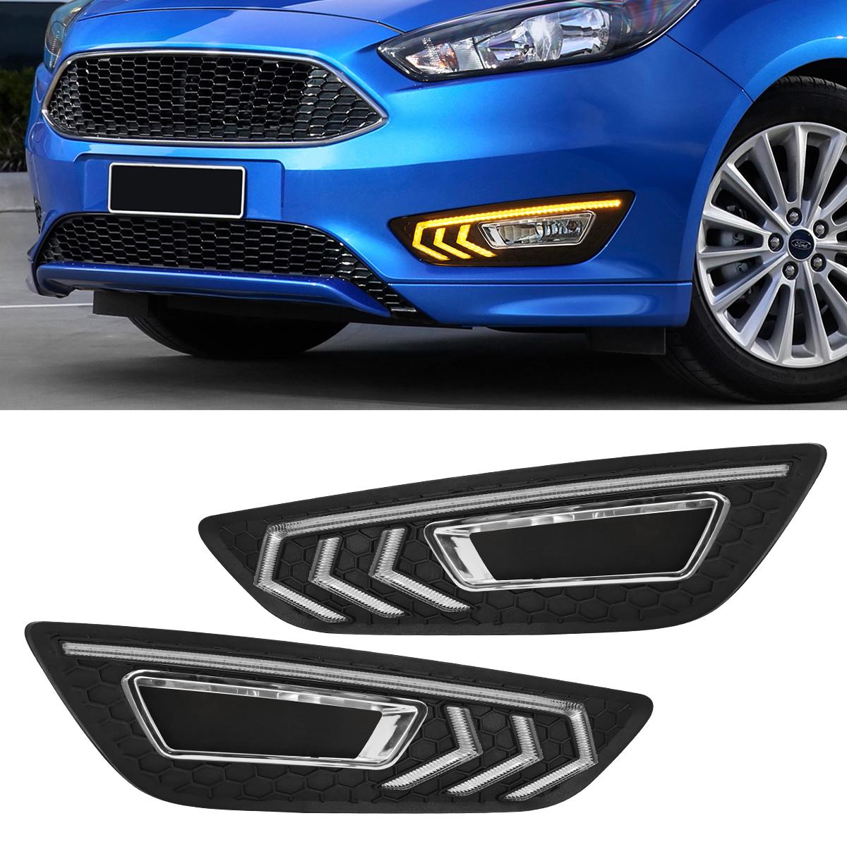 

Для Ford Focus DRL светодиодные противотуманные фары с хромированной отделкой 2015 2016 2017 2018 дневные ходовые огни динамический указатель поворота белый желтый синий