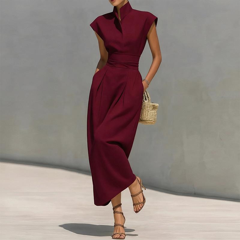Spring new women's clothing, European and American, fashion temperament elegant solid color waist dress