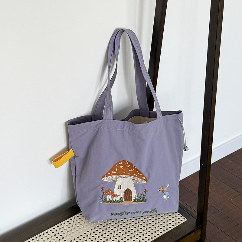 

Cute Embroidery Drawstring Shoulder Bags for Women Large Capacity Versatile Ladies Tote Portable Student Girls Shopping Bag фиолетовый