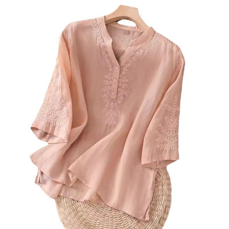 Women S Loose Cotton Embroidered Five Quarter Sleeve Summer Shirt For Middle Aged Moms