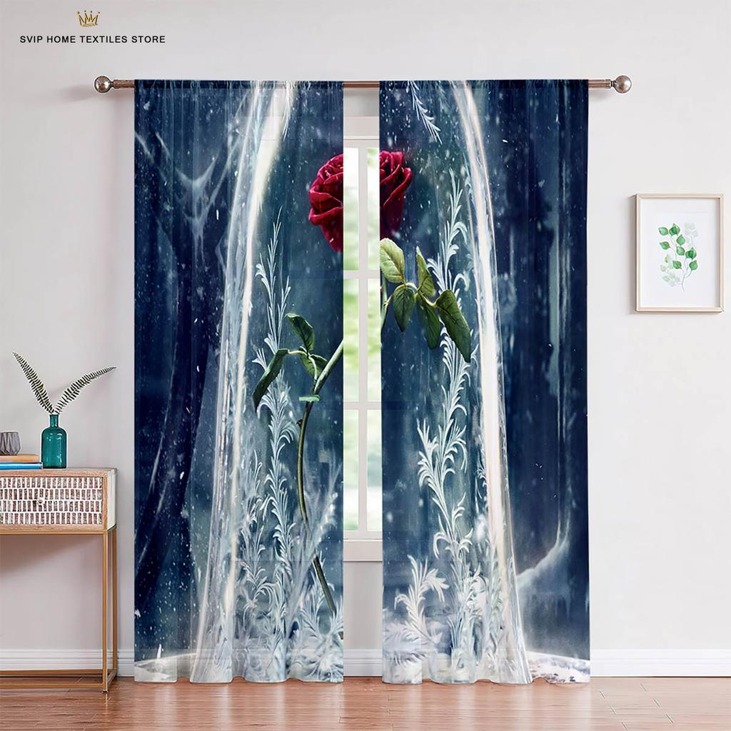 Red Rose Retro Romantic Print Curtains, Living Room, Bedroom, Kitchen, Window Decoration, Home Decoration, 2 Pcs