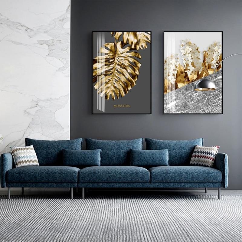 Simple Golden Abstract Leaf Wall Art Canvas Painting Feather Poster Picture Living Room Home Decoration