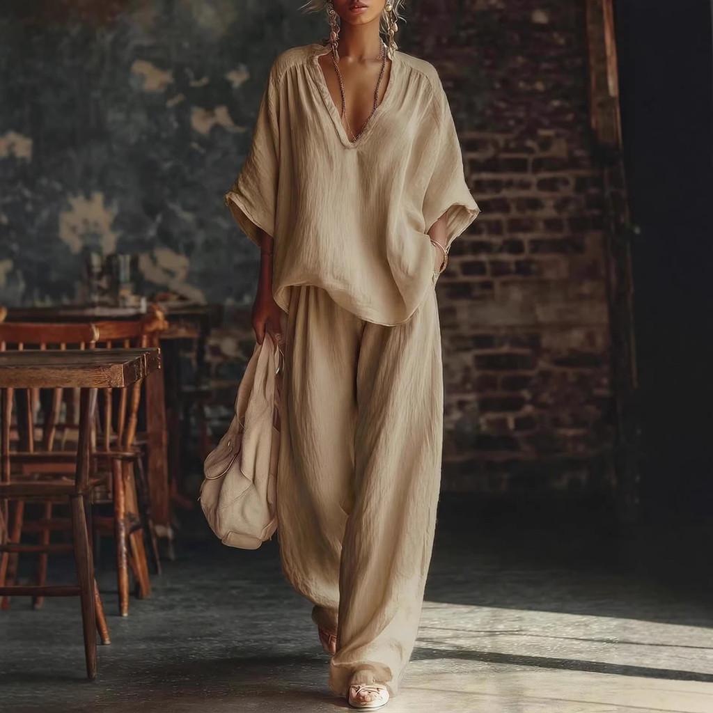 Summer Womens Casual Twopiece Set With Cotton Linen Fabric For Comfortable Daily Wear