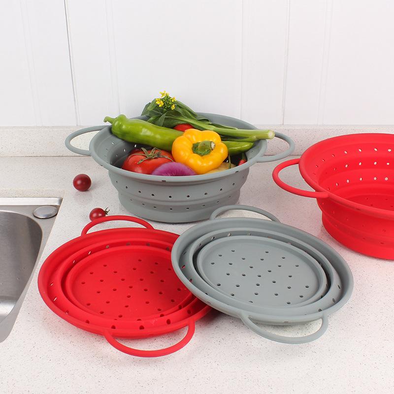 Silicone Drain Basket Folding Fruit and Vegetable Basket Round Fruit Basket Retractable Strainer Kitchen Tools