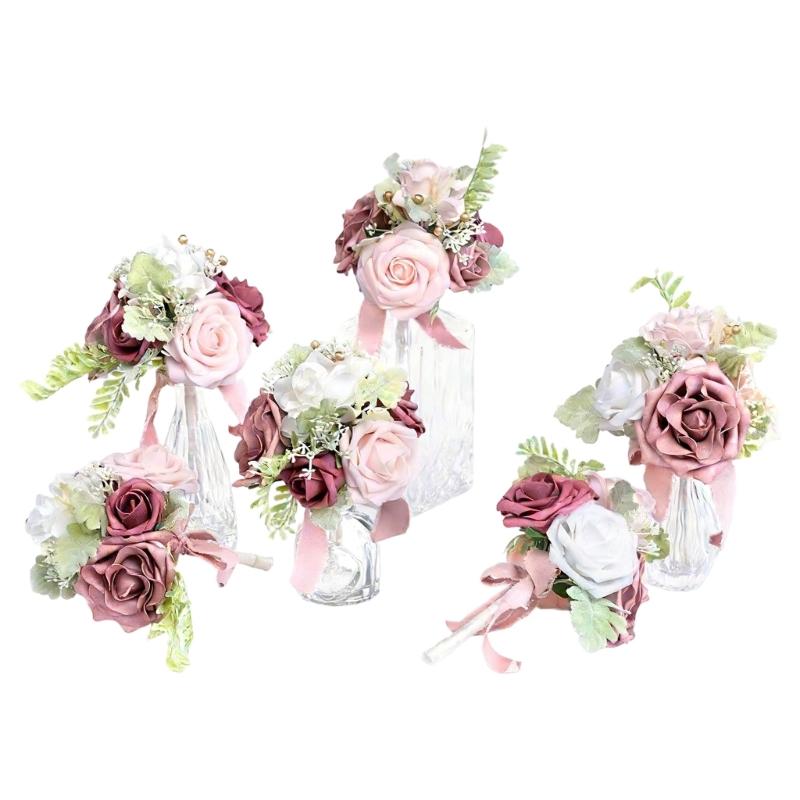 6Pcs Wedding Bouquets with Ribbon for Bride and Bridesmaid Realistic Artificial Rose Flower Bouquets Photography Tool