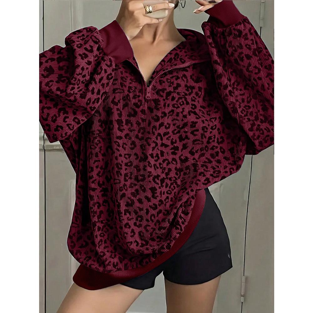 Fall/Winter New Style Women's Leopard Print Loose Fit Sport Shirt with Collar Sweater
