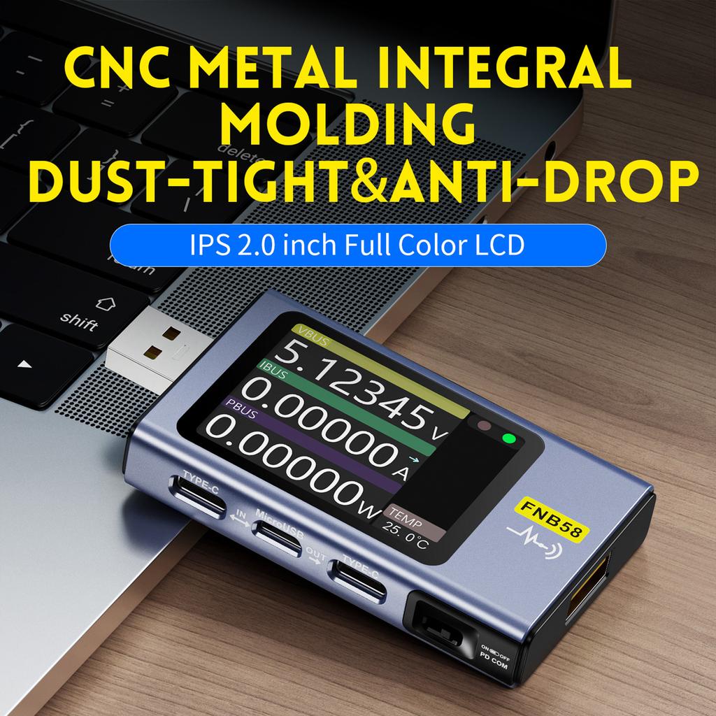 FNB58 Portable USB Voltage and Current Tester with 2" LCD Display Screen, Fast Charging Compatibility Current Voltmeter