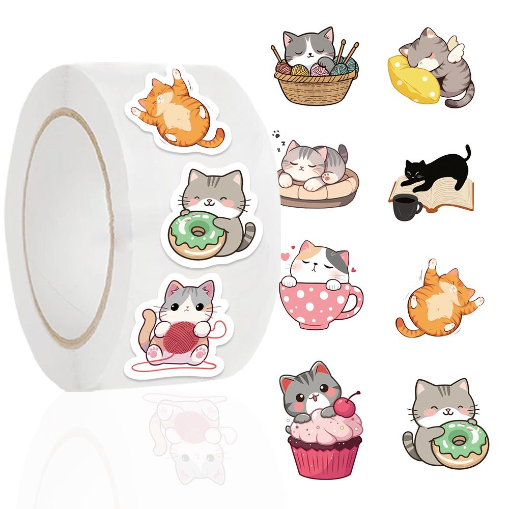 500 sztuk Urocze Kreskówkowe Koty Naklejki Rolki Kawaii Śmieszne Koty Naklejki 10 Stylów Rolka Naklejek Wodoodporne Winylowe Naklejki na Laptopa Telefon