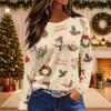 Women's Christmas Print Long Sleeve Top with Round Neck and Side Slit