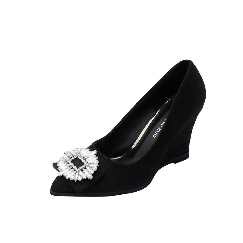 2025 new pointed square buckle rhinestone French black high heels women's fine heel temperament versatile single shoes shallow mouth