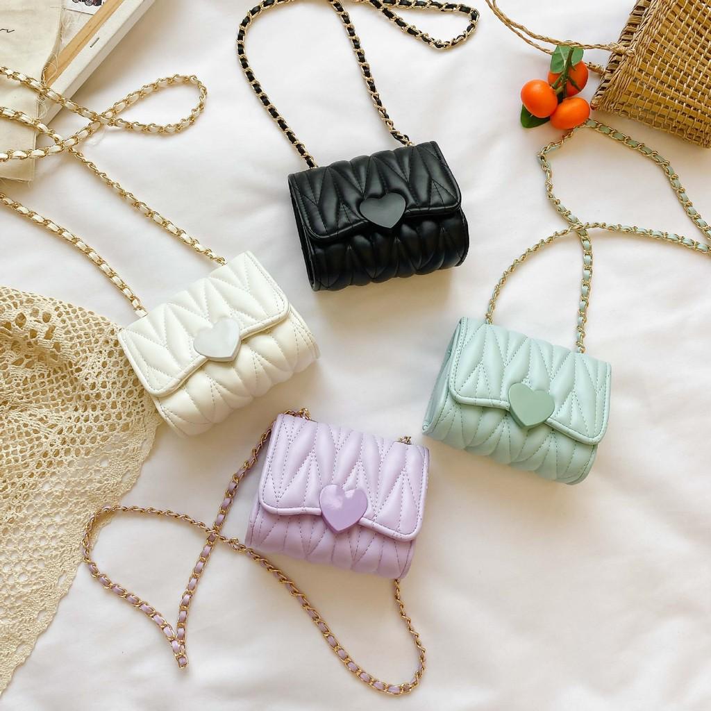 Heart Color Solid Shape Children Mini Chain Shoulder Bag Checkered Pattern Girls