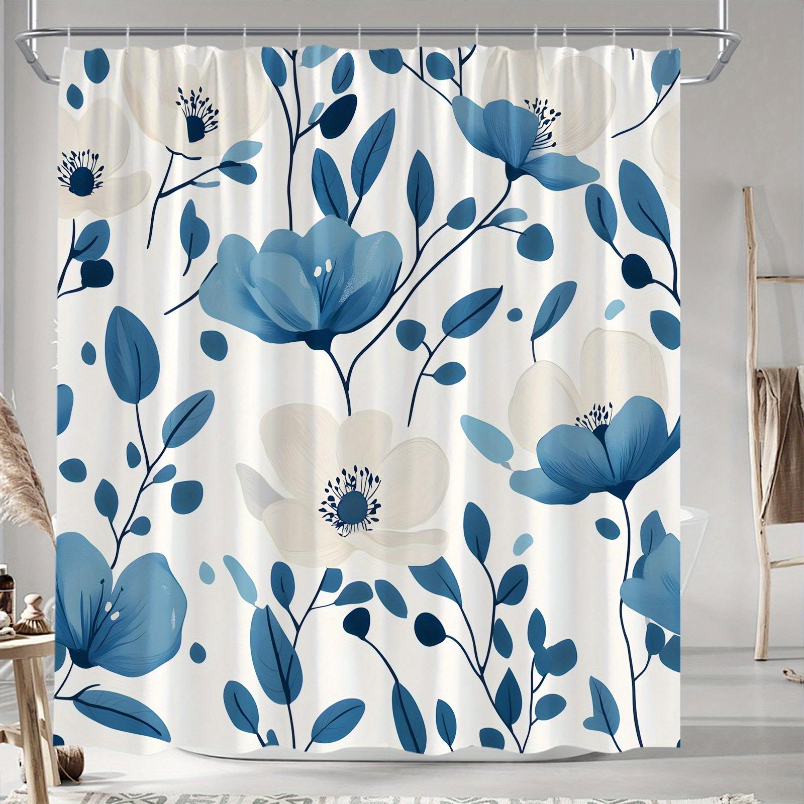 Blue and White Peonies Shower Curtain - Digital Drawing, Seamless Flowers on Cream, Modern Minimalist Bath Décor W90XH180cm