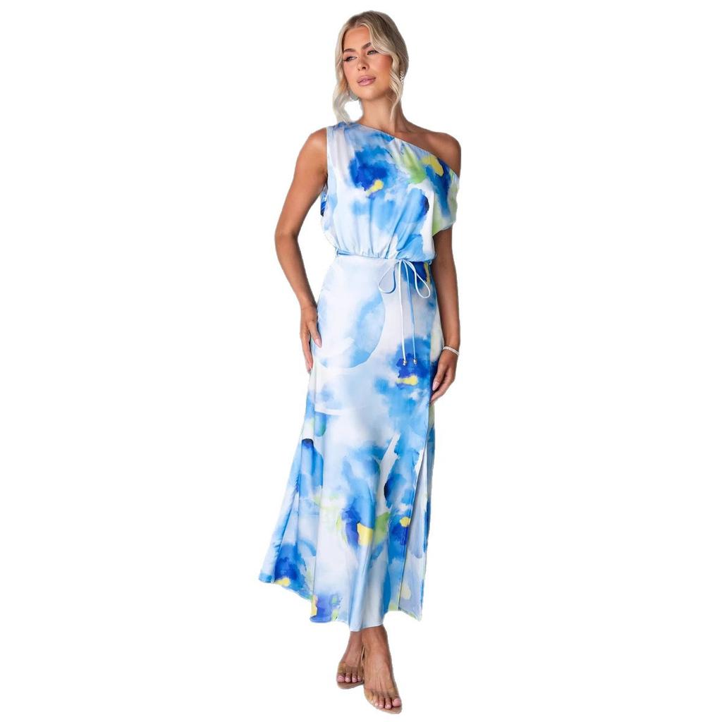 A Summer Women's Dress with A Slit and Sleeveless Print At The Bottom