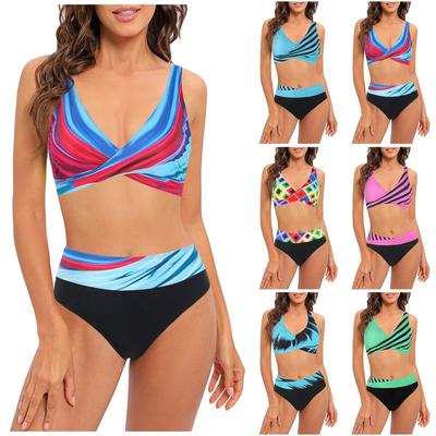 Women's Separate Sexy Print Color Patchwork Bikini With Chest Pad No Steel Support Swimsuit