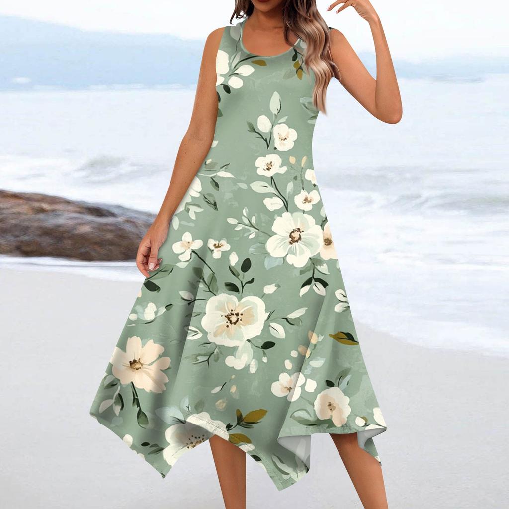 Lässiges, modisches Damen-Midikleid mit Rundhalsausschnitt, ärmellos, Blumendruck, unregelmäßiger Saum