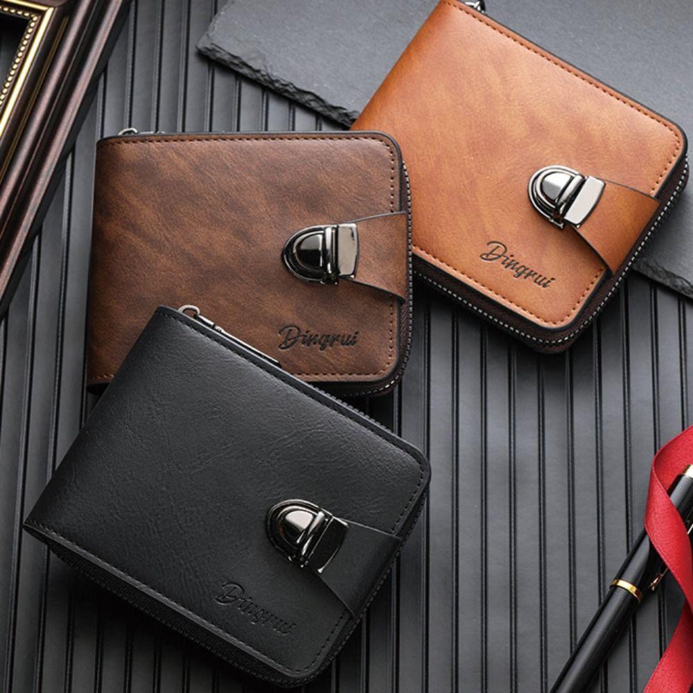 New PU Leather Short Wallet Zipper Buckle Solid Color Coin Pocket Card Holder Men